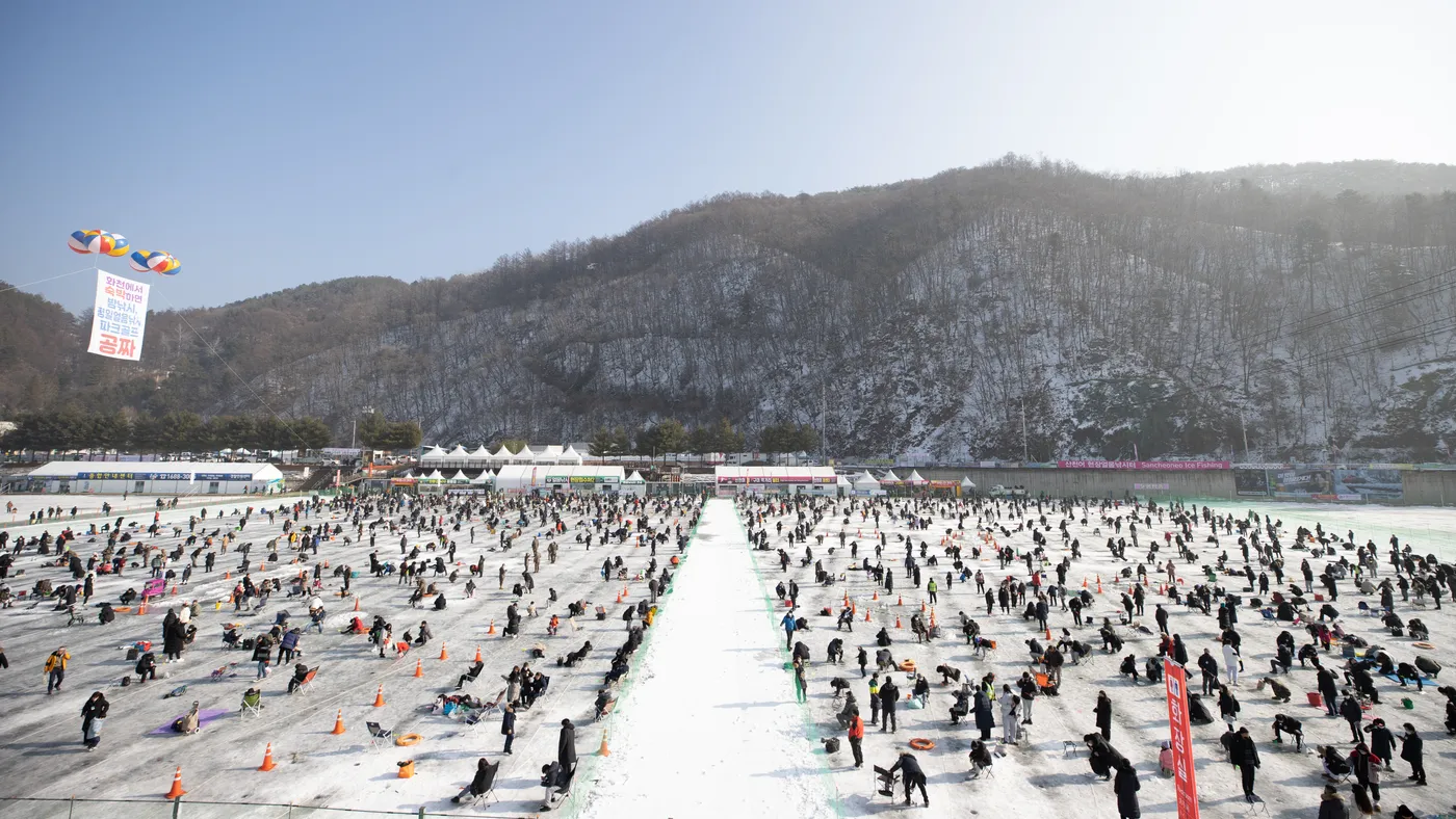 A vast crowd ice-fishing in rows of drilled holes on the frozen Hwacheon River, festival tents along the bank and snowy mountains behind