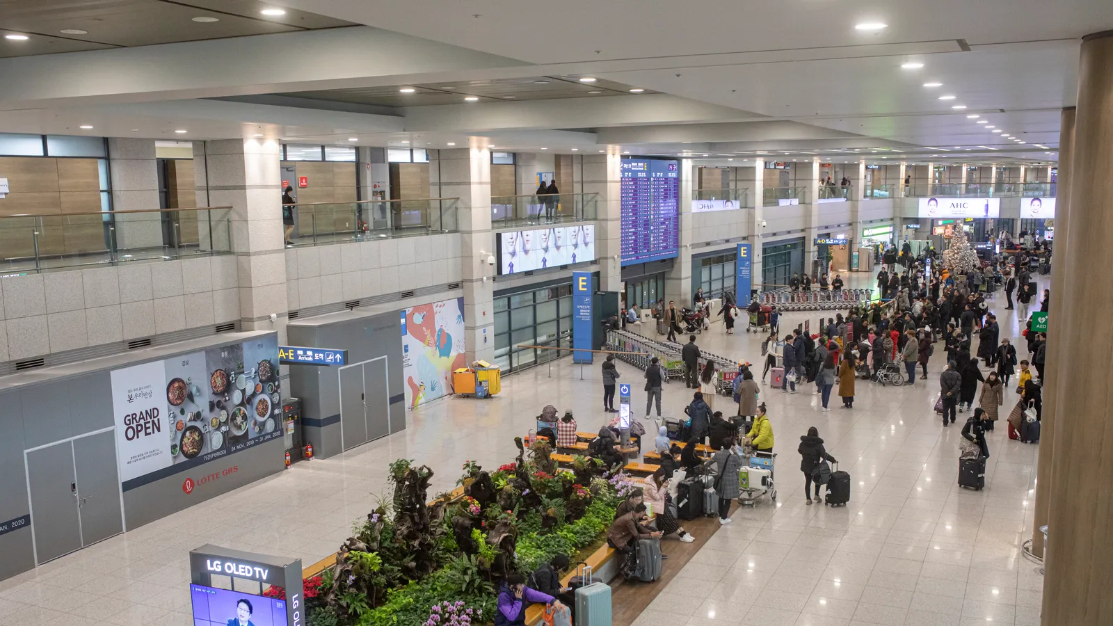 The arrivals hall of Incheon Airport Terminal 1, with luggage carts, an arrivals board, and travellers with suitcases